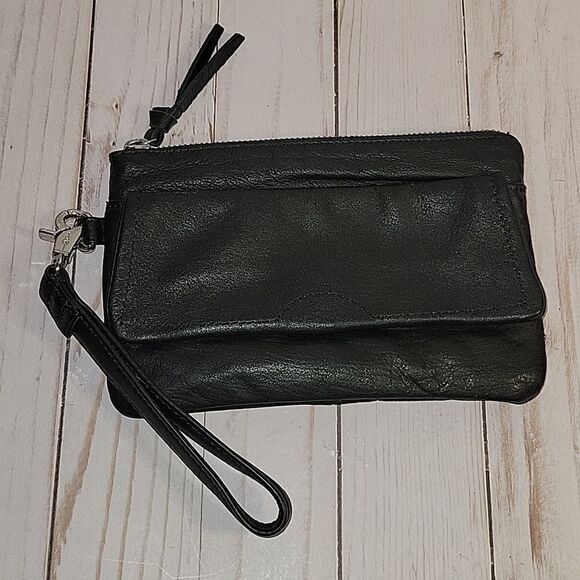 DAY & MOOD PINE CLUTCH BLACK DISTRESSED LEATHER CLUTCH WRISTLET BAG - Picture 1 of 12
